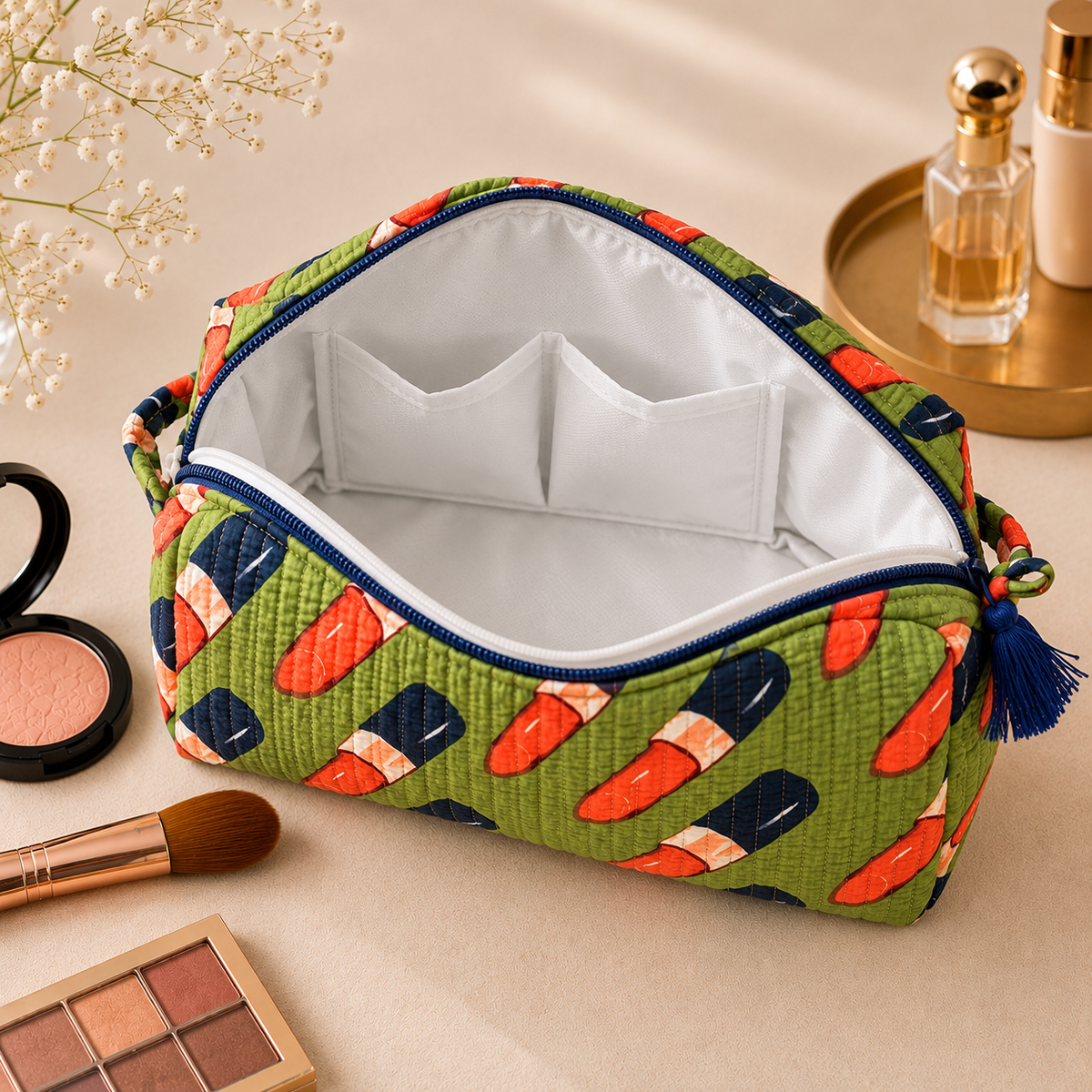 Set Of 3 Makeup Bag, Green Glam Lipstick Block Print Cotton Travel Case, Quilted Cosmetic Storage Bag Set