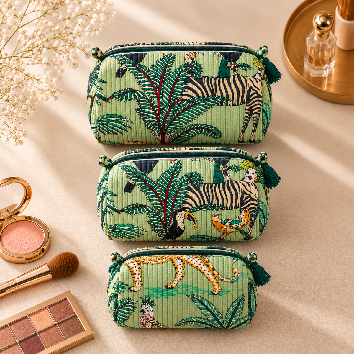 Set Of 3 Makeup Bag, Sage Safari Tropical Block Print Cotton Travel Case, Quilted Cosmetic Storage Bag Set