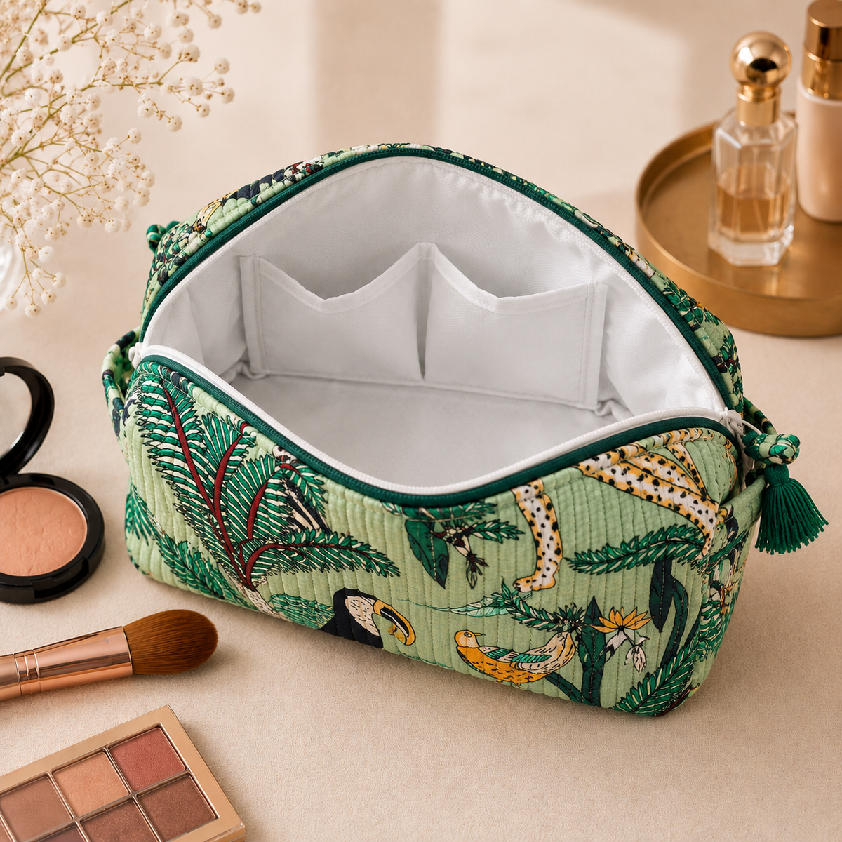 Set Of 3 Makeup Bag, Sage Safari Tropical Block Print Cotton Travel Case, Quilted Cosmetic Storage Bag Set