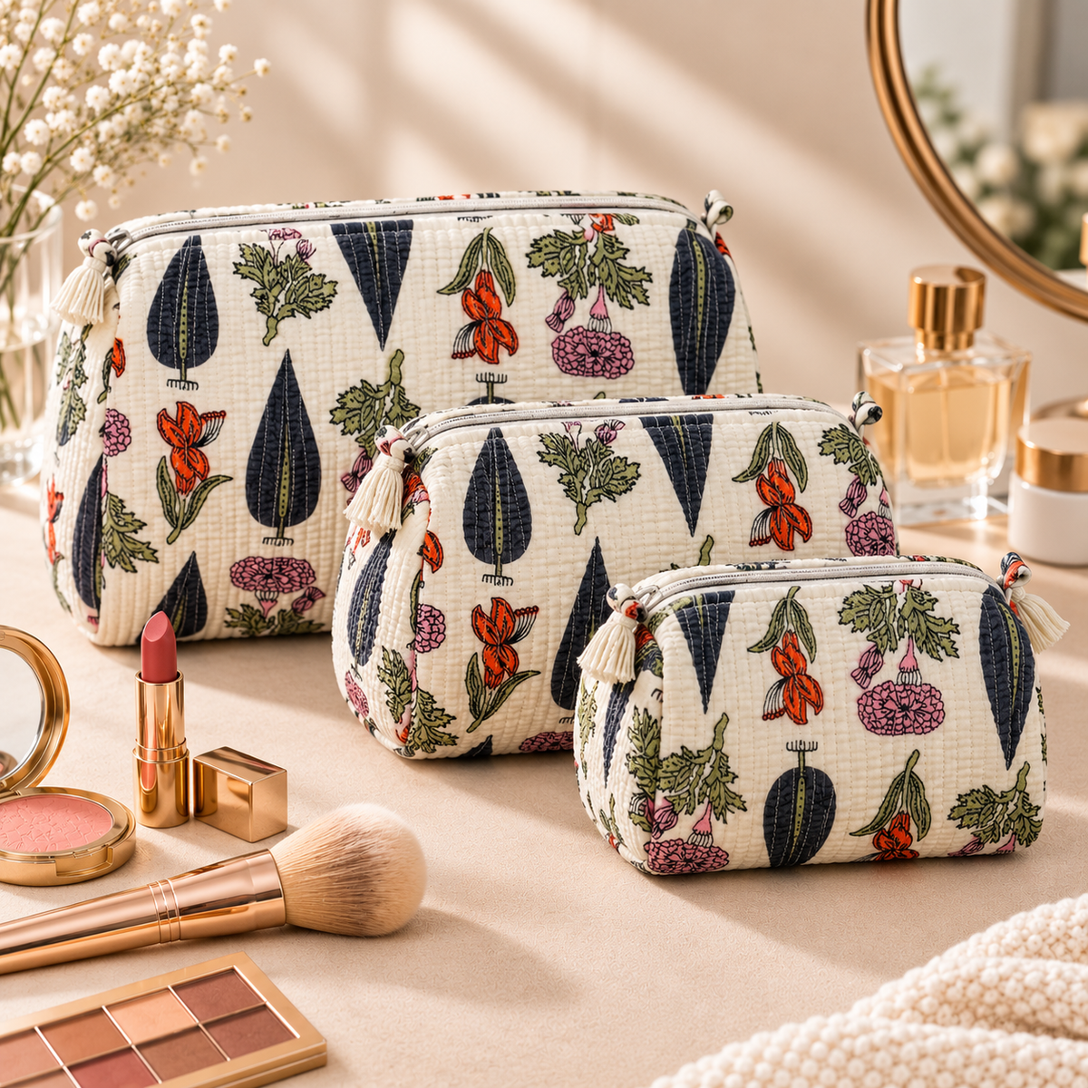Set Of 3 Makeup Bag, Ivory Cypress Botanical Block Print Cotton Travel Case, Quilted Cosmetic Storage Bag Set