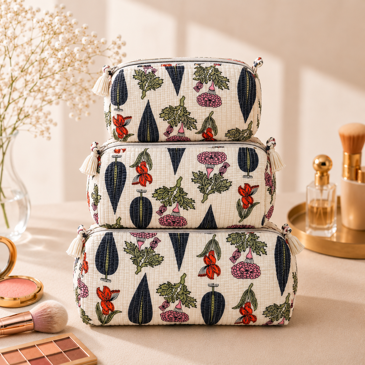 Set Of 3 Makeup Bag, Ivory Cypress Botanical Block Print Cotton Travel Case, Quilted Cosmetic Storage Bag Set