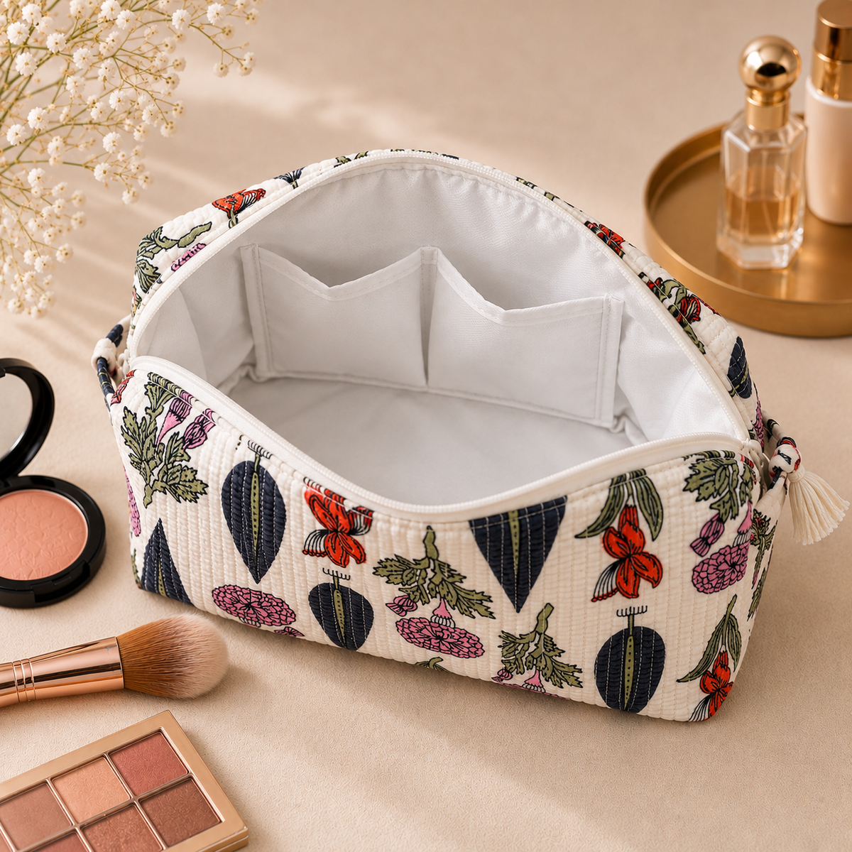 Set Of 3 Makeup Bag, Ivory Cypress Botanical Block Print Cotton Travel Case, Quilted Cosmetic Storage Bag Set