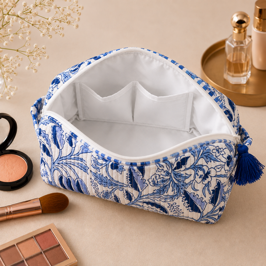 Set Of 3 Makeup Bag, Ocean Chintz Floral Block Print Cotton Travel Case, Quilted Cosmetic Storage Bag Set