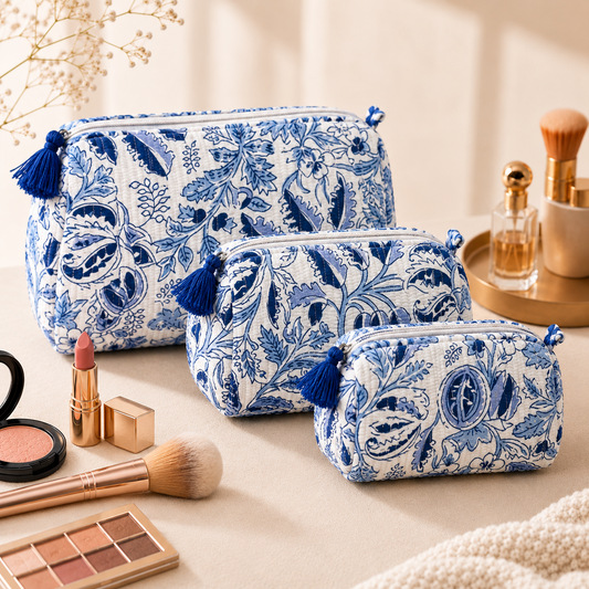 Set Of 3 Makeup Bag, Ocean Chintz Floral Block Print Cotton Travel Case, Quilted Cosmetic Storage Bag Set