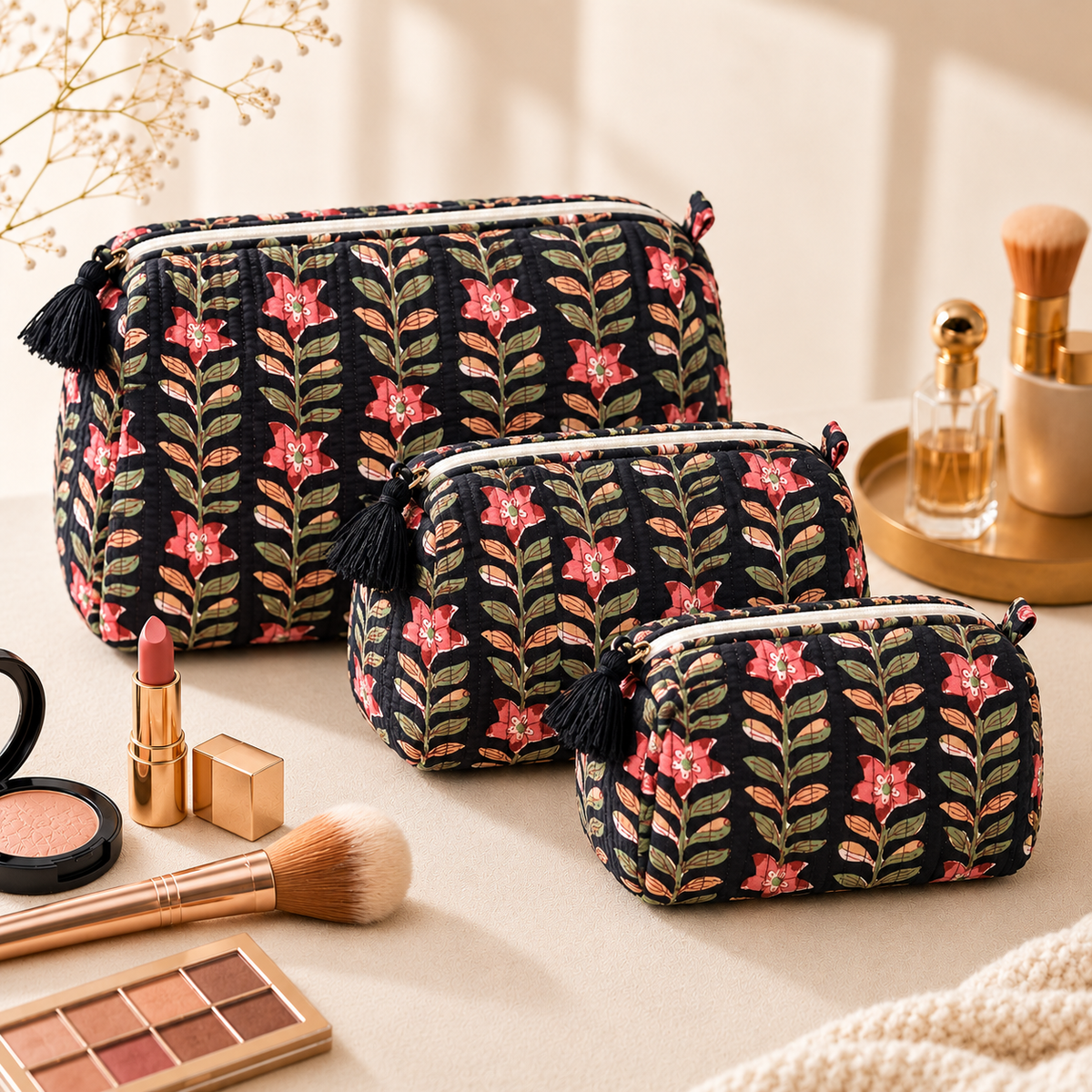 Set Of 3 Makeup Bag, Midnight Vine Floral Block Print Cotton Travel Case, Quilted Cosmetic Storage Bag Set