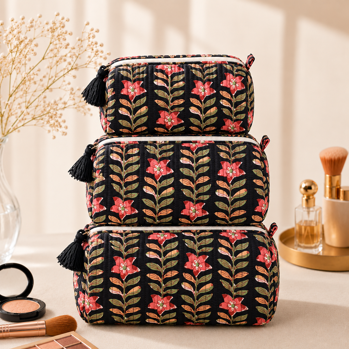 Set Of 3 Makeup Bag, Midnight Vine Floral Block Print Cotton Travel Case, Quilted Cosmetic Storage Bag Set