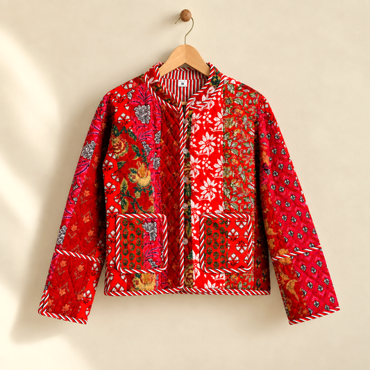 Crimson Red Cotton Reversible Quilted Jacket | Patchwork Floral Block Print Boho Winter Outerwear Coat