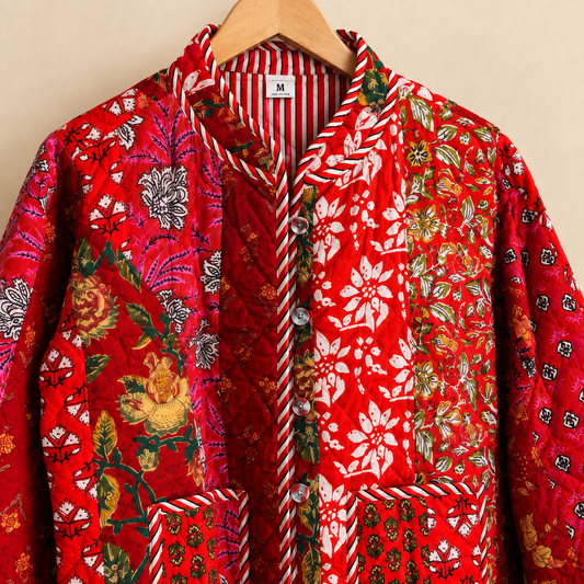 Crimson Red Cotton Reversible Quilted Jacket | Patchwork Floral Block Print Boho Winter Outerwear Coat
