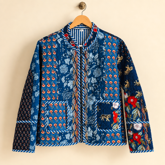 Indigo Blue Cotton Reversible Quilted Jacket | Patchwork Tiger & Floral Block Print Boho Winter Coat