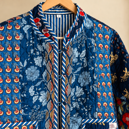 Indigo Blue Cotton Reversible Quilted Jacket | Patchwork Tiger & Floral Block Print Boho Winter Coat