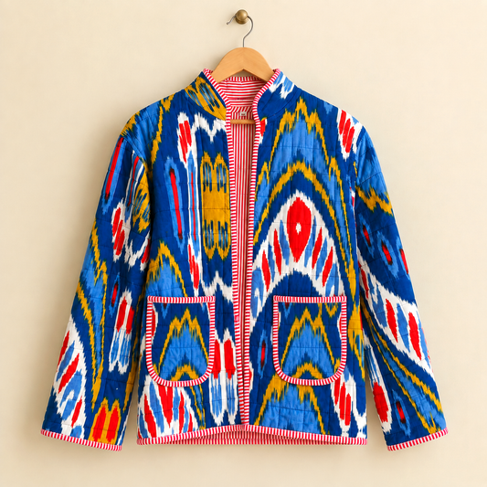 Cobalt Blue Cotton Reversible Quilted Jacket | Tribal Ikat Print Red Stripe Border Boho Winter Coat