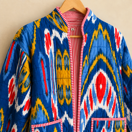 Cobalt Blue Cotton Reversible Quilted Jacket | Tribal Ikat Print Red Stripe Border Boho Winter Coat