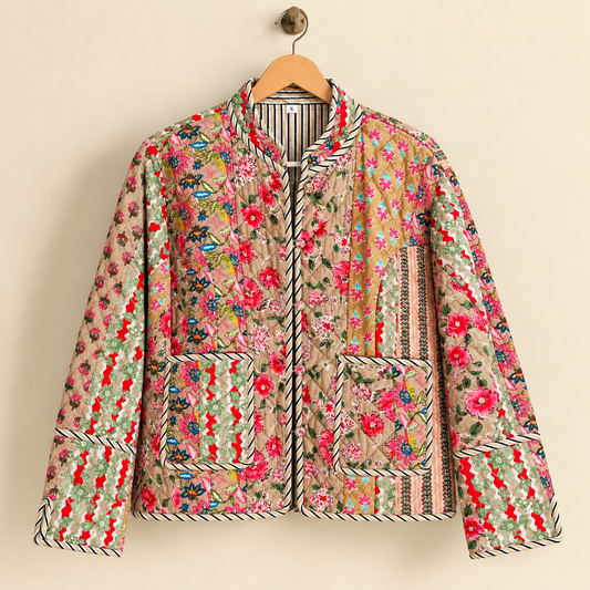 Beige Cotton Reversible Quilted Jacket | Floral Patchwork Block Print Black Stripe Border Boho Winter Outerwear Coat