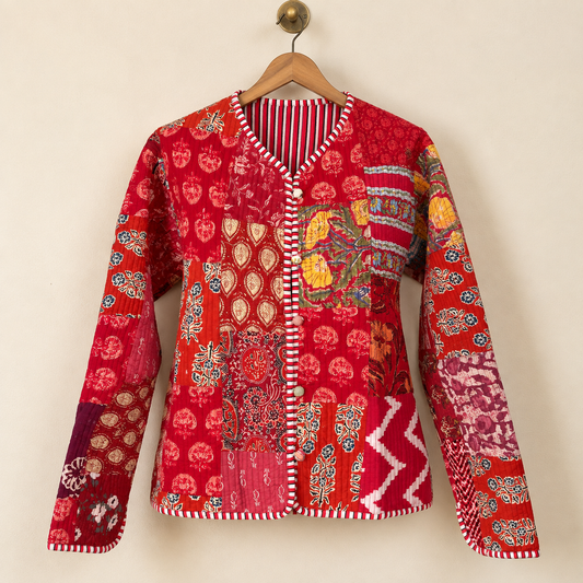 Scarlet Red Cotton Reversible Quilted Jacket | Vibrant Floral Patchwork Block Print Striped Border Boho Winter Coat