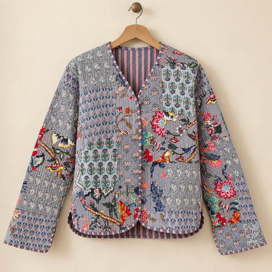 Slate Grey Cotton Reversible Quilted Jacket | Floral Paisley Patchwork Block Print Pink Striped Boho Winter Coat