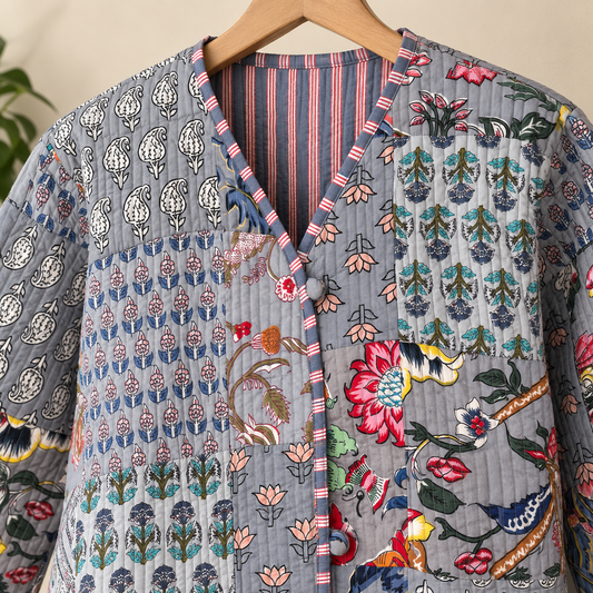 Slate Grey Cotton Reversible Quilted Jacket | Floral Paisley Patchwork Block Print Pink Striped Boho Winter Coat