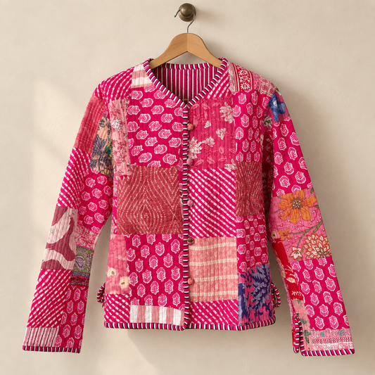 Magenta Pink Cotton Reversible Quilted Jacket | Indian Hand Block Print Floral Patchwork Striped Boho Winter Coat