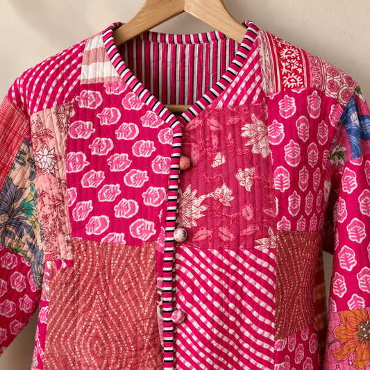 Magenta Pink Cotton Reversible Quilted Jacket | Indian Hand Block Print Floral Patchwork Striped Boho Winter Coat
