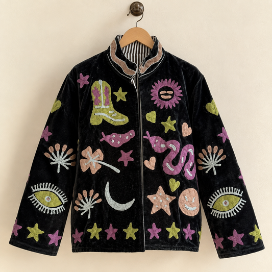 Black Velvet Reversible Jacket | Celestial Evil Eye Cowboy Boot Embroidered Boho Velvet Short Coat