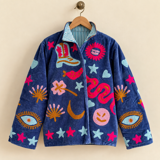 Royal Blue Velvet Reversible Jacket | Celestial Evil Eye Cowboy Boot Embroidered Boho Velvet Short Coat
