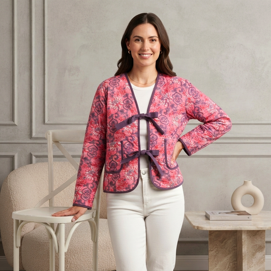 Pink Floral Cotton Quilted Jacket | Indian Hand Block Print Front Tie Short Coat | Boho Women Summer Cardigan Outerwear