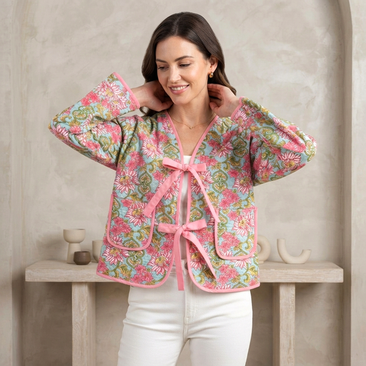 Aqua Mint Cotton Quilted Jacket | Indian Hand Block Print Floral Front Tie Short Coat | Boho Pink Trim Women Outerwear