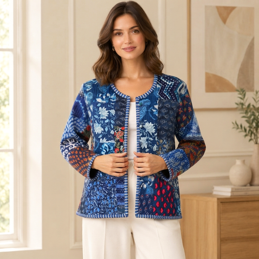 Indigo Blue Cotton Quilted Jacket | Indian Hand Block Print Floral Patchwork Short Coat | Boho Women Summer Outerwear