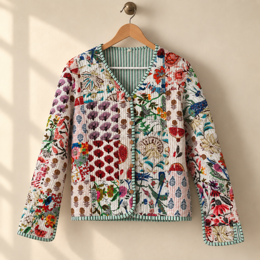 Ivory Cotton Reversible Quilted Jacket | Indian Hand Block Print Floral Patchwork Mint Striped Boho Women Coat
