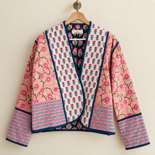 Pink & Navy Floral Reversible Cotton Quilted Jacket | Hand Block Printed Floral Patchwork Jacket | Anniversary Gift For Her | Winter Jacket For Her