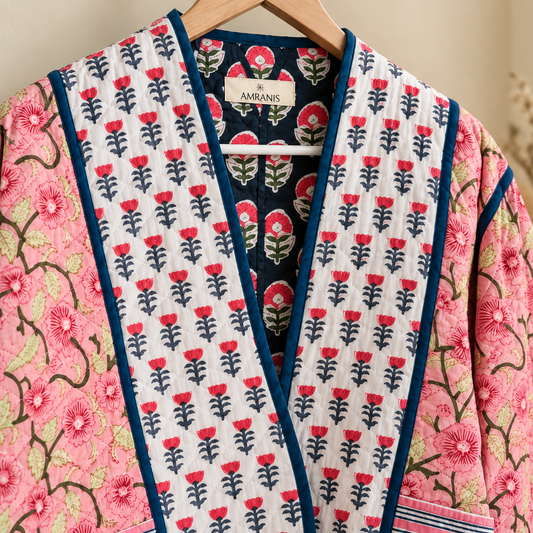 Pink & Navy Floral Reversible Cotton Quilted Jacket | Hand Block Printed Floral Patchwork Jacket | Anniversary Gift For Her | Winter Jacket For Her