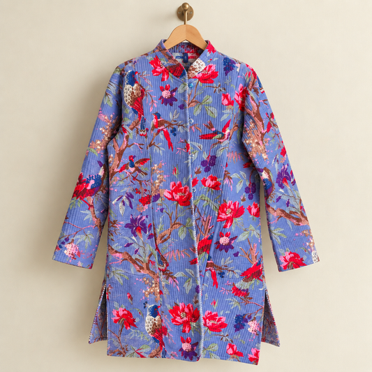 Reversible Periwinkle Blue Bird Floral Block Print Cotton Quilted Long Coat | Anniversary Gift  For Her | Winter Jacket For Her