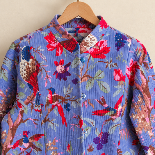 Reversible Periwinkle Blue Bird Floral Block Print Cotton Quilted Long Coat | Anniversary Gift  For Her | Winter Jacket For Her