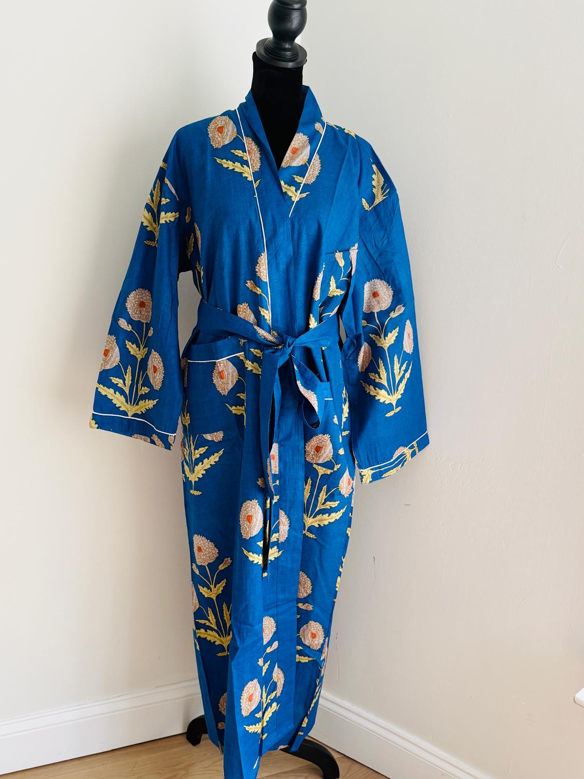 French Blue Cotton Kimono Bathrobe | Ochre Yellow Floral Block Print Spa Robe & Resort Wrap