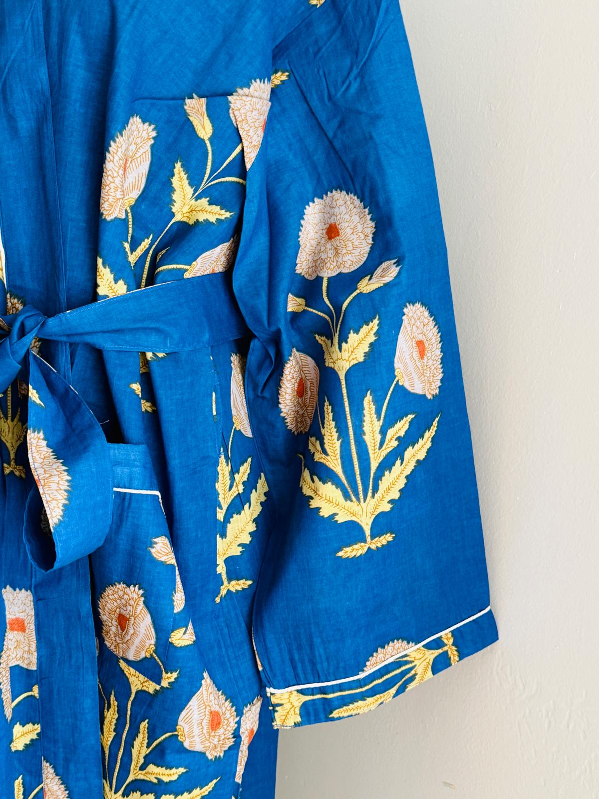 French Blue Cotton Kimono Bathrobe | Ochre Yellow Floral Block Print Spa Robe & Resort Wrap