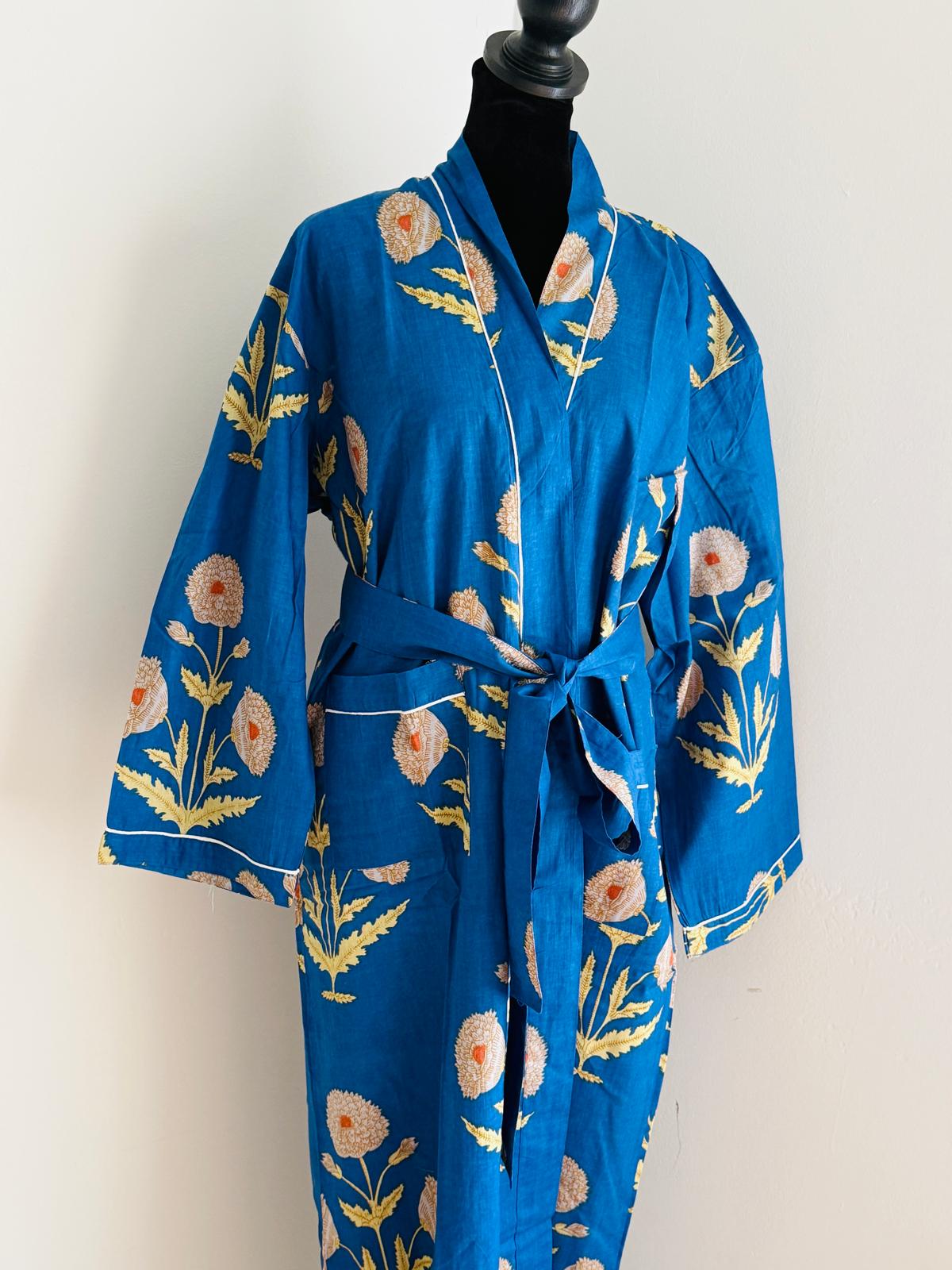 French Blue Cotton Kimono Bathrobe | Ochre Yellow Floral Block Print Spa Robe & Resort Wrap