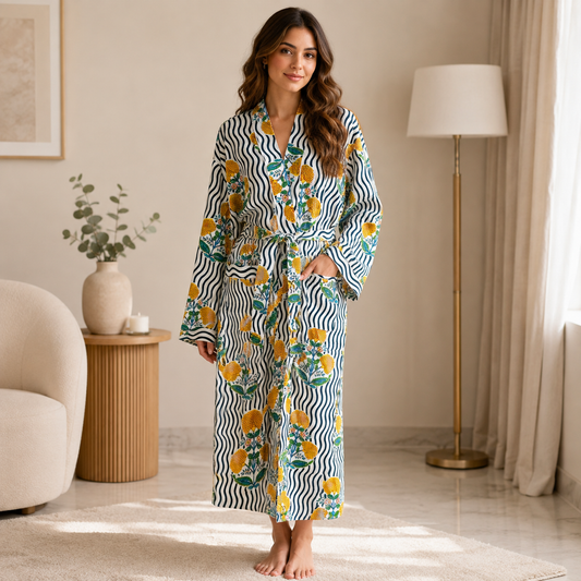 Yellow Marigold Floral Print Cotton Kimono | Navy Wavy Stripe Block Spa Robe & Resort Wear
