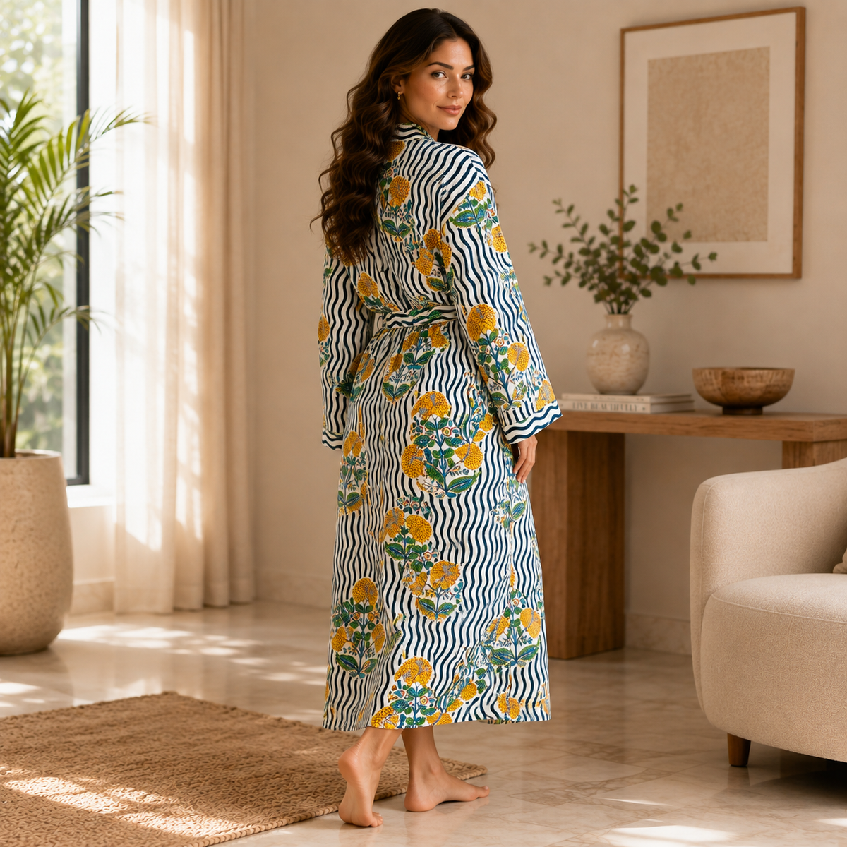 Yellow Marigold Floral Print Cotton Kimono | Navy Wavy Stripe Block Spa Robe & Resort Wear