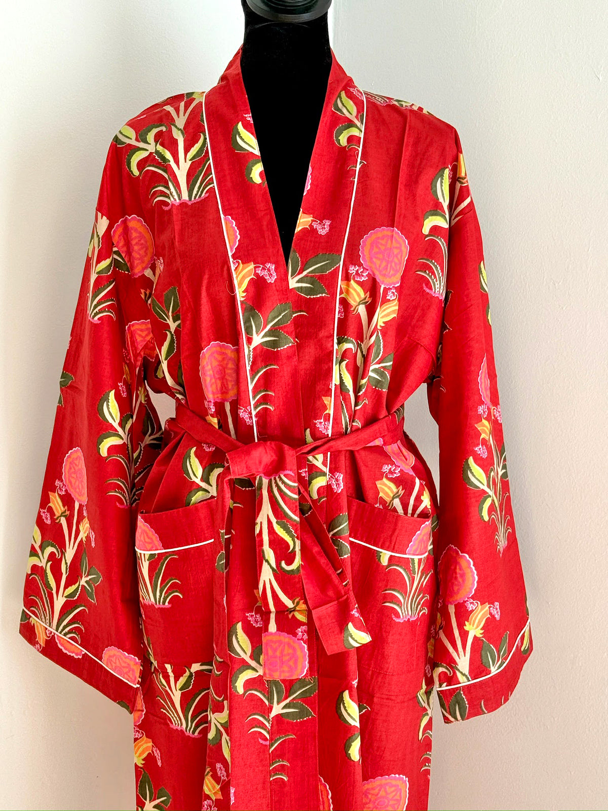 Navy & Coral Block Printed Cotton Kimono | Floral Motif Lounge Robe & Bohemian Sleepwear | Resort Wear
