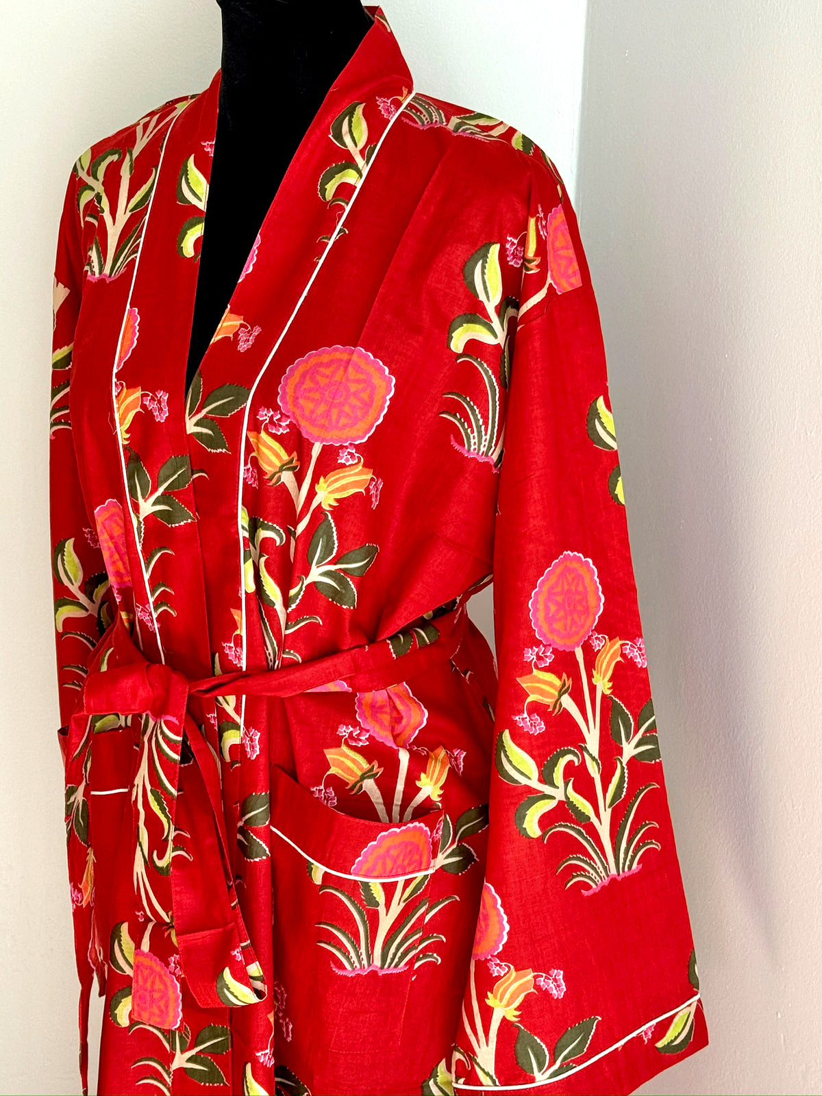 Navy & Coral Block Printed Cotton Kimono | Floral Motif Lounge Robe & Bohemian Sleepwear | Resort Wear