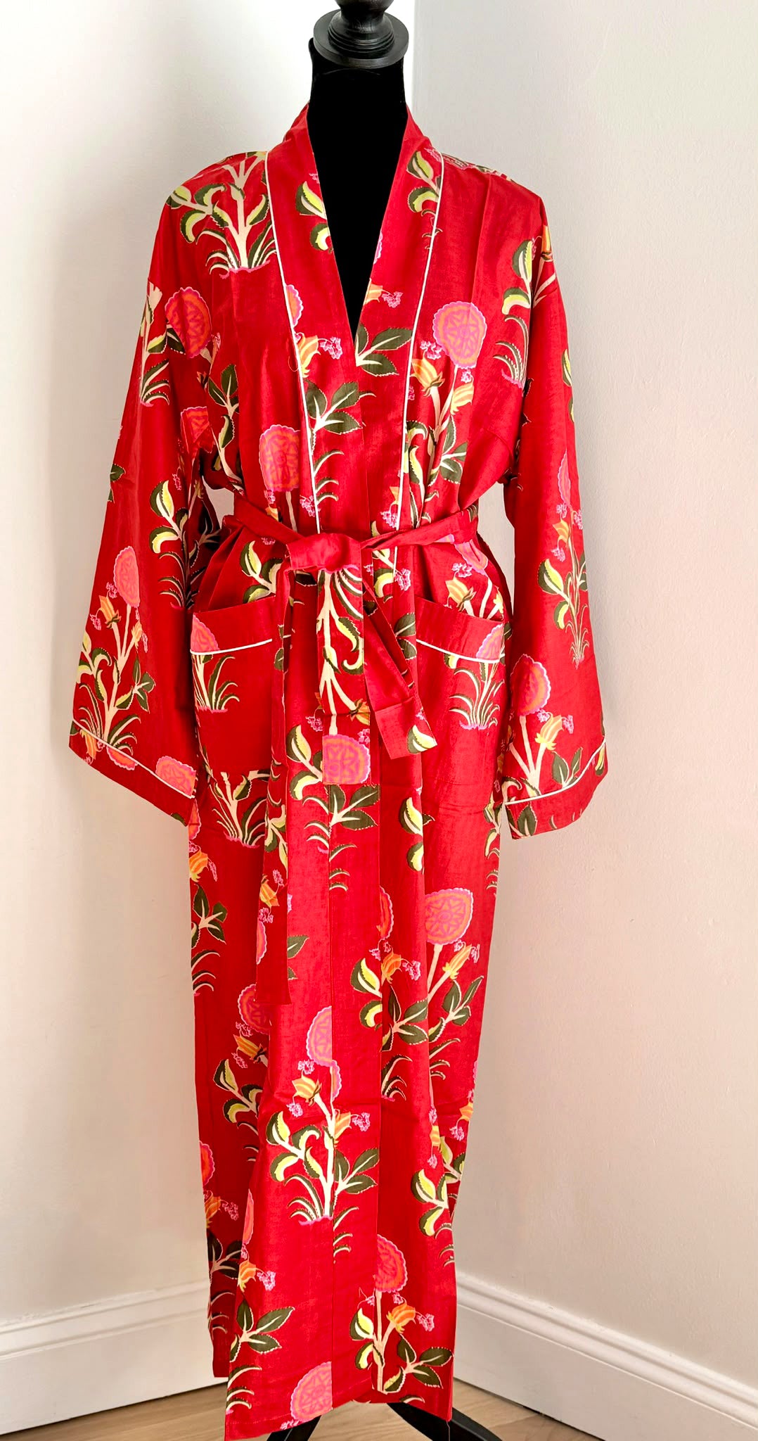 Navy & Coral Block Printed Cotton Kimono | Floral Motif Lounge Robe & Bohemian Sleepwear | Resort Wear