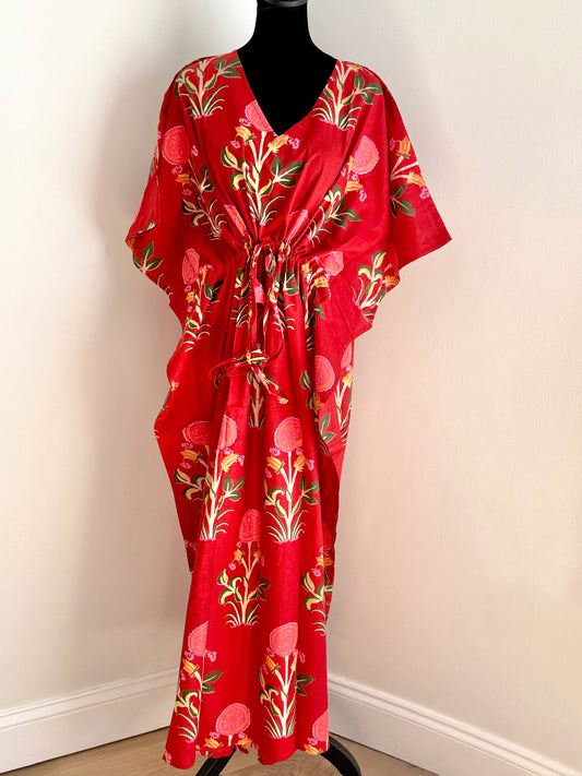 Hand Block Print Cotton Kaftan - Ruby Red Floral Long Maxi Dress, Soft Loungewear