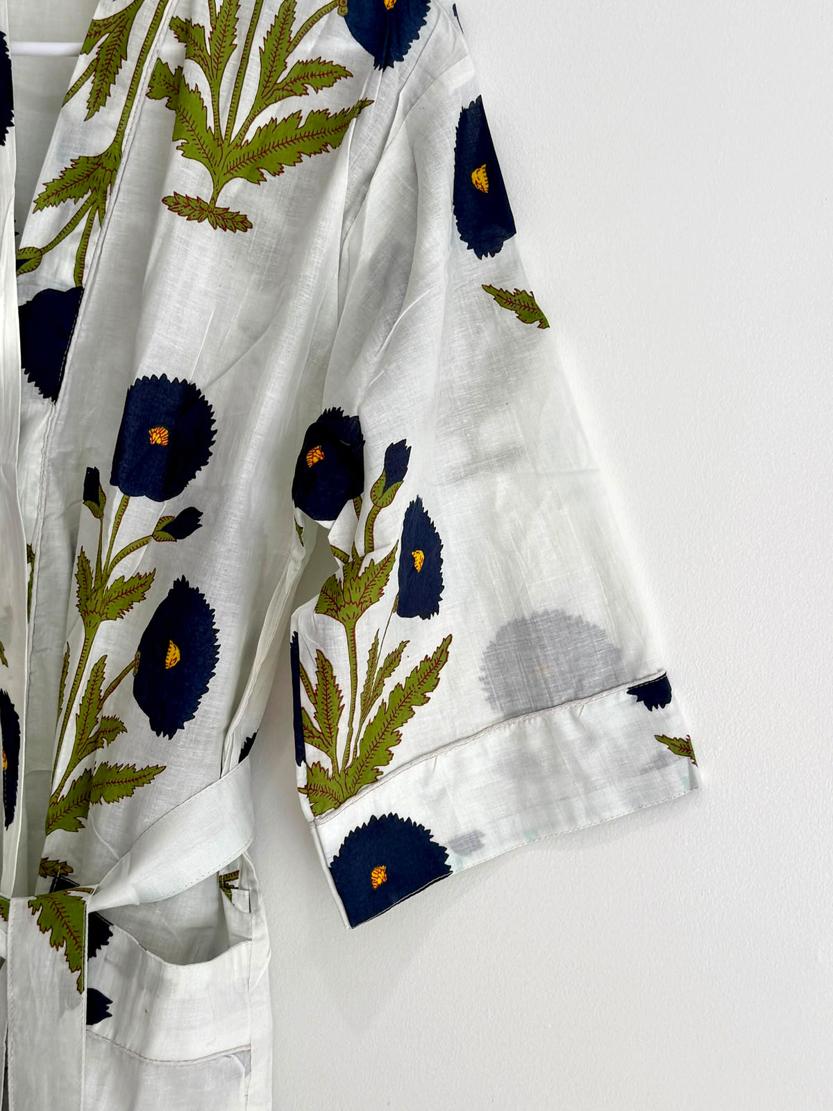 Deep Navy Floral Print Botanical Lounge Robe & Nightwear | Off-White Cotton Kimono Bathrobe Bridesmaids Gifts