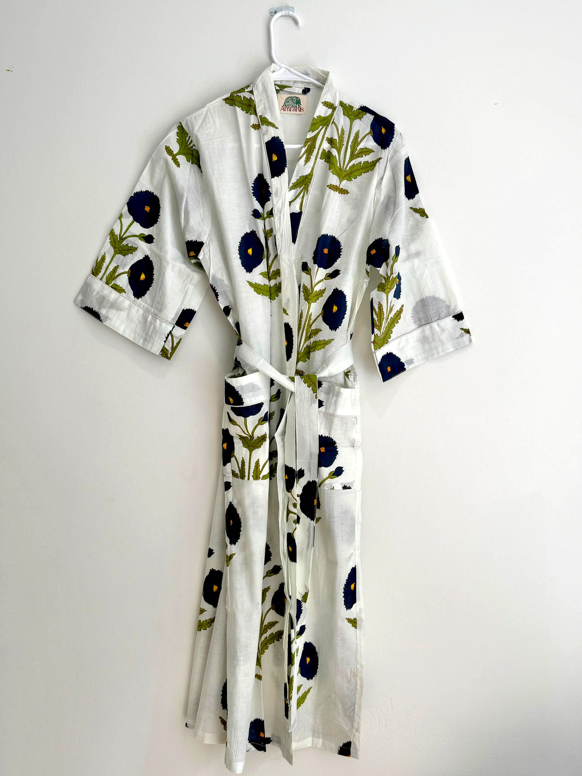 Deep Navy Floral Print Botanical Lounge Robe & Nightwear | Off-White Cotton Kimono Bathrobe Bridesmaids Gifts