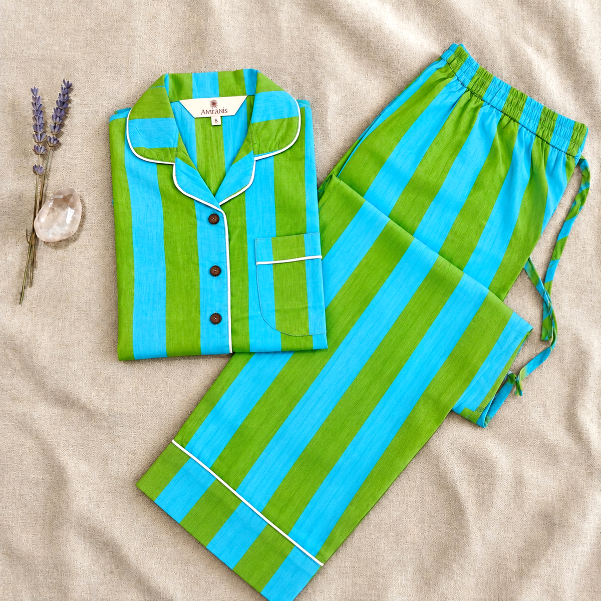 Green & Blue Striped Cotton Nightwear Set, Soft Cotton Lounge & Sleepwear For Women, Bridesmaids Loungewear