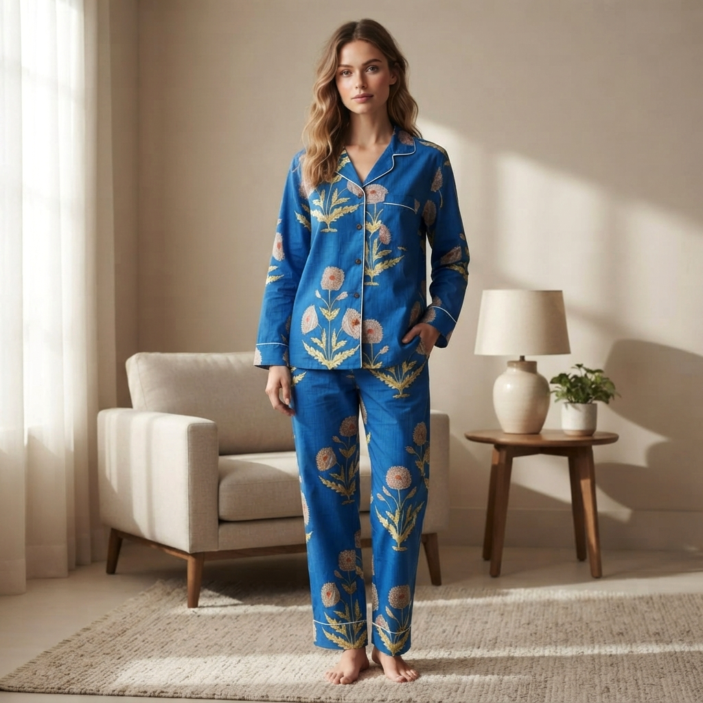 Floral Cotton Pajama Set Hand Block Print Ladies Lounge and Sleepwear