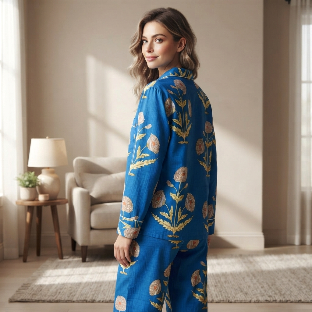 Floral Cotton Pajama Set Hand Block Print Ladies Lounge and Sleepwear