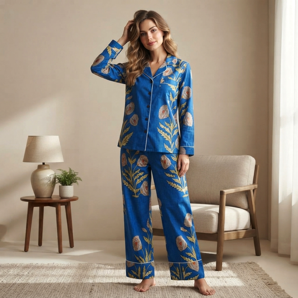 Floral Cotton Pajama Set Hand Block Print Ladies Lounge and Sleepwear