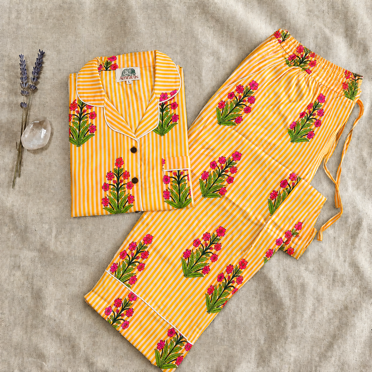 Yellow Stripe & Pink Floral Print Cotton Pajama Set, Bright Botanical Sleepwear & Loungewear
