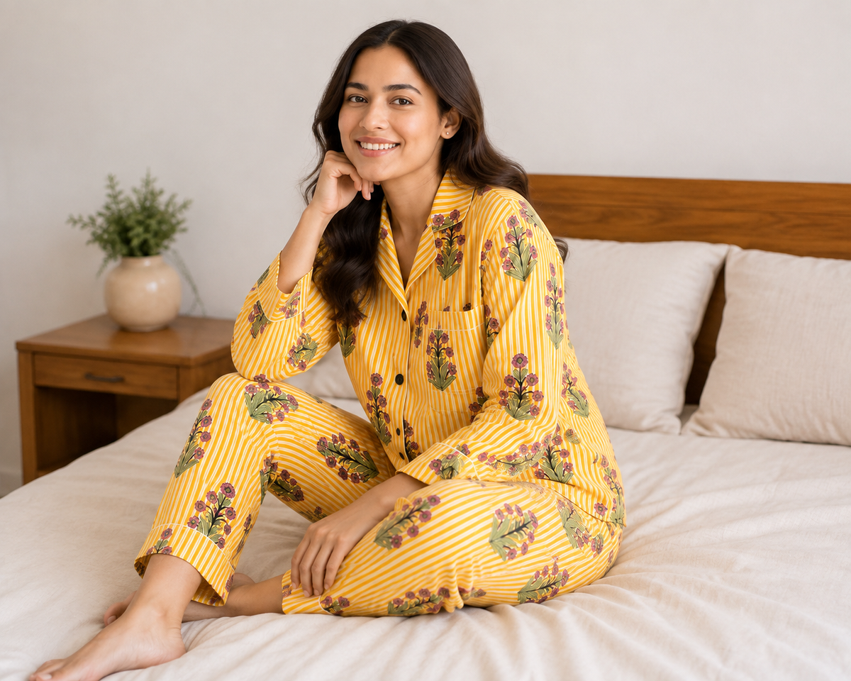 Yellow Stripe & Pink Floral Print Cotton Pajama Set, Bright Botanical Sleepwear & Loungewear