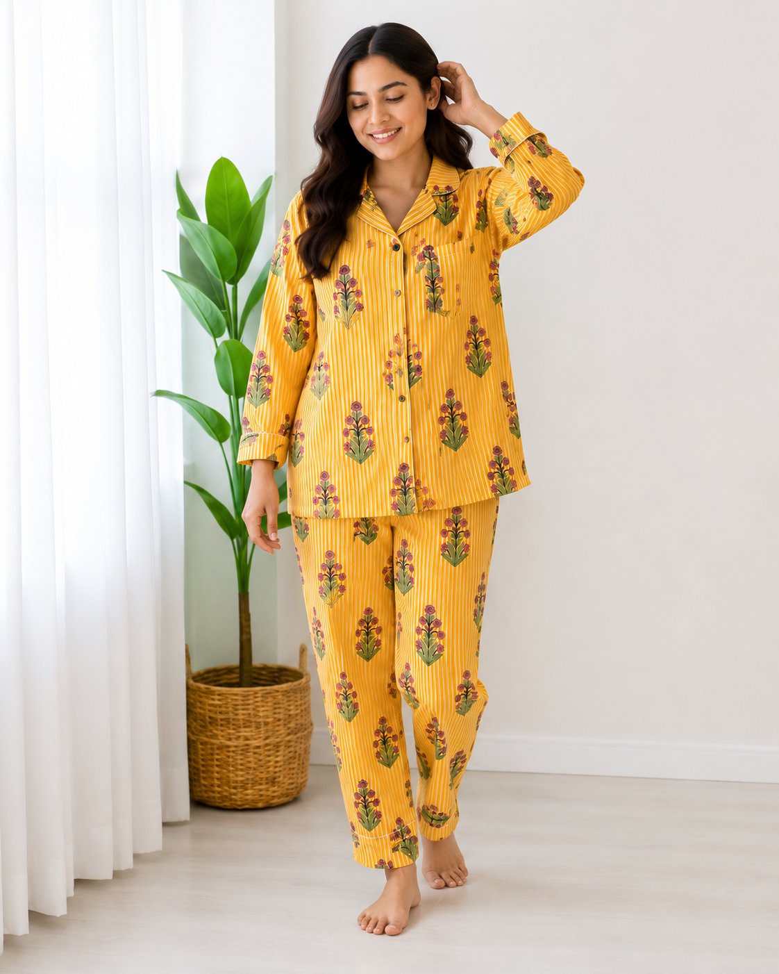 Yellow Stripe & Pink Floral Print Cotton Pajama Set, Bright Botanical Sleepwear & Loungewear